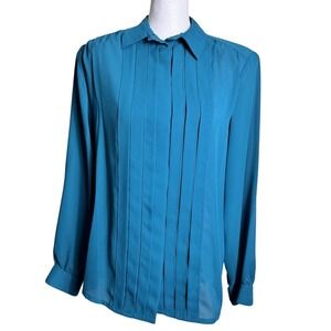 Vtg Dana Alexander Teal Pleated Blouse 6 Hidden Button Tuxedo Front Chiffon 90s